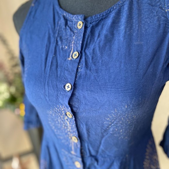 4/$20 Sassafras Navy Dandelion Cold Shoulder Full Button Up Dress S - Picture 2 of 11